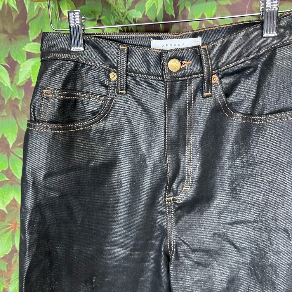TOPSHOP Modern Architectural Black Waxed Denim Wide Leg Jeans, 4 - Picture 4 of 16